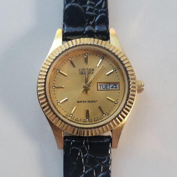 Citizen Womens Watch Gold Dial Gold Tone Black Leather Quartz Day Date Japan main image 5
